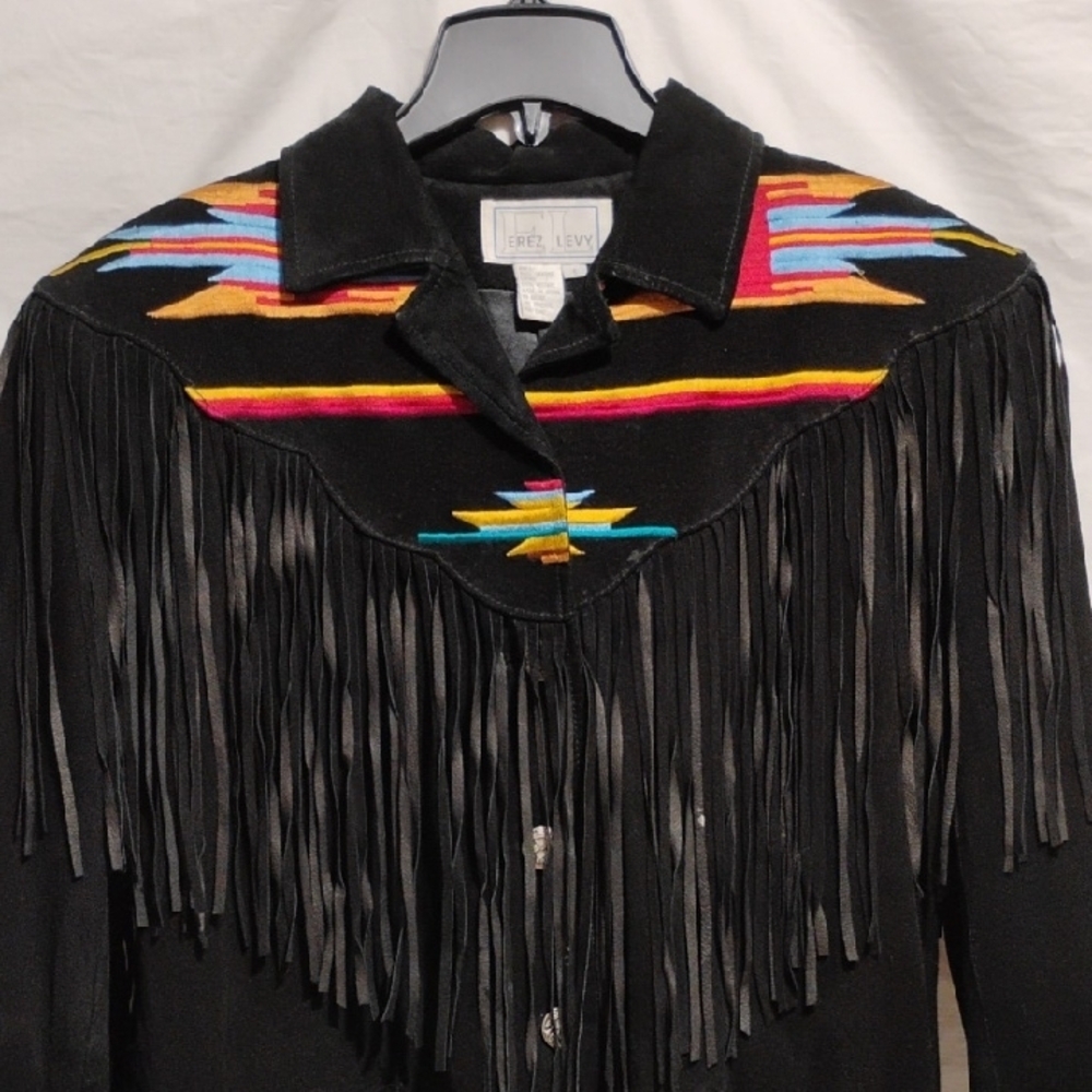 SALE! RARE! Erez Levy Embroidered Leather Vintage Jacket W Black Fringe (BX80) - Picture 2 of 13